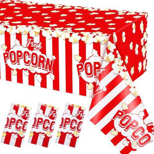 3 Pieces Popcorn Tablecloth 54 x 108 Inch Plastic Popcorn Table Cover Popcorn Party Decorations Carnival Circus Movie Night Supplies Carnival Birthday Party Supplies Popcorn Tablecovers