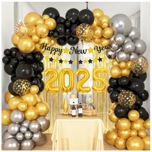Amandir 136Pcs New Years Balloon Garland Arch Kit, Black and Gold 2025 Number Foil Balloons, Happy New Year Banner, Gold Fringe Curtain Backdrop for Birthday New Year Eve Party Decorations Supplies