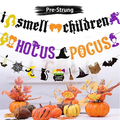 Glitter Hocus Pocus Banner I smell Children Glitter Banner Happy Halloween Banner Party Decorations Kids Witch party Decorations for Hocus Pocus Party Supplies