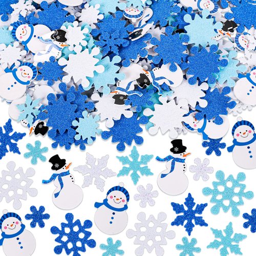 Whaline Christmas Winter Glitter Foam Sticker Kit 350Pcs Blue White Snowflake Snowman Foam Stickers Self-Adhesive Sticker Decals for Christmas Party Decor Winter DIY Crafts