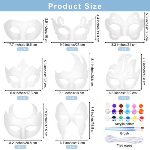 Elcoho 24 Pieces White Paper Masks Half Face Masquerade Masks DIY Hand Painted Masks with Tether Acrylic Paints Brushes Mardi Gras Masks for Halloween, Cosplay Party