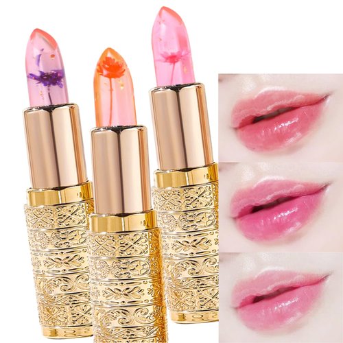 3pcs Color Changing Crystal Jelly Lipstick Set, Flower Infused Nutritious Lip Balm Magic Color Temperature Change PH Lip Gloss, Long Lasting Clear Moisturizing Lip Care Gift Set, Golden Embossed Tube