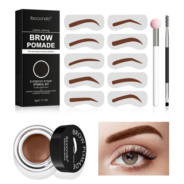 Ibcccndc Brow Pomade Eyebrow Stamp and Eyebrow Stencil Kit - Eye Brow Stamping Kit for Perfect Bushy Eyebrows, 10 Brow Stencils, Brow Stamp Trio Kit with Sponge Applicator, Waterproof, Easy to Use (chocolate)