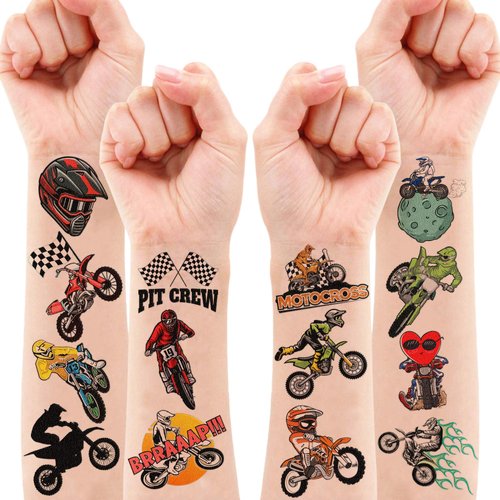 106 PCS Dirt Bike Temporary Tattoos Sticker Motocross Bicycle Sport Birthday Party Decorations Favors Supplies Gifts Boys Girls Men Women Cute Motorcycle Fake Tattoo School Prizes Carnival Game
