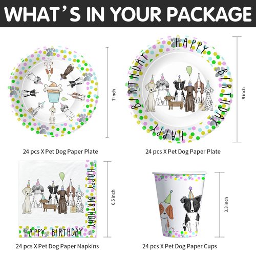 Xigejob Dog Birthday Party Supplies Tableware - Puppy Dog Party Decorations, Plates, Cups, Napkins, Dog Theme Baby Shower Dinnerware | Serve 24