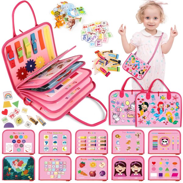 BESNEL Busy Board for Toddlers 2-4, Montessori Toys, Sensory Board for Toddlers 1-3,Preschool Learning Toys Activity Books for Toddlers 1-3,Toddler Travel Toys Plane Car, Toddlers Toys Gift for Girls