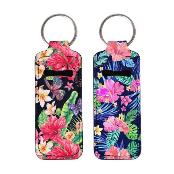 Gearider 2pcs Hawaiian Hibiscus Floral Leaf Portable Lipstick Holder Keychain, Cute Lip Balm Sleeve for Women