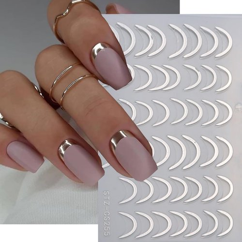 6 Sheets French Tip Nail Art Sticker for Nail Art 5D Luxury Lines French Nail Decals Self-Adhesive with Crystal Diamond Design Gold Silver Nail Stickers for Women Girls Acrylic Manicure Accessories
