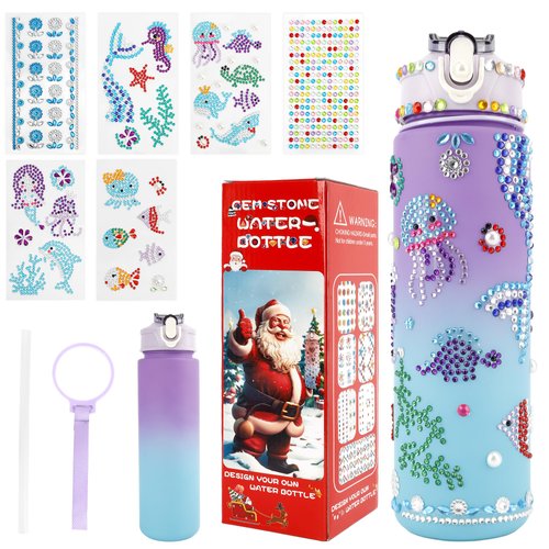Decorate Your Own Water Bottle Kits for Girls, Christmas Gift for Girls, 5 6 7 8 9 10 Year Old Girl Gifts, Girl Water Bottle Gem Stickers DIY Arts and Crafts Kits Supplies for Girls Birthday Gift