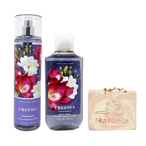 Bath & Body Works Freesia 2 Piece Bundle with a Himalayan Salts Springs Bar Soap - Fragrance Mist and Body Wash - Full Size