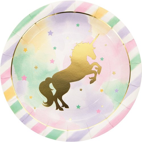Unicorn Sparkle Party Supplies Pack Serves 16: Dinner Plates, Luncheon Napkins, Cups, and Table Cover, with Birthday Candles Deluxe (Bundle for 16)