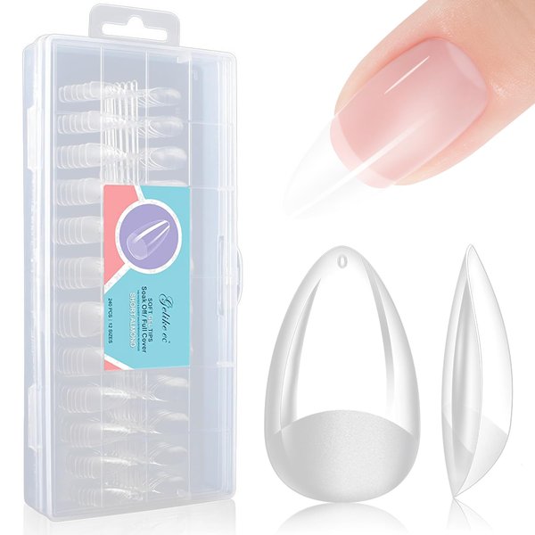 Gelike EC Short Almond Nail Tips: Soft Gel X False Nail Tips Full Cover for Nail Extensions - Acrylic Nails Professional Clear Gelly Tips Preshaped PMMA, 12 Sizes, 240PCS