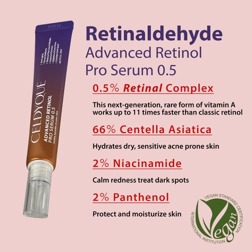 CELDYQUE Advanced Retinol Pro Serum 0.5 w/Centella Asiatica 66% Anti-Aging Radiance-Boosting & Skin-Smoothing Cream w/Retinal Complex, Niacinamide & Hyaluronic Acid Korean Skincare