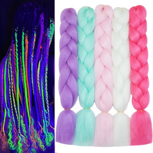 Christmas Colorful Braiding Hair Jumbo Braiding Hair Extensions Glow in the Dark Hair 24inch 5Pcs Synthetic Braiding Hair Rainbow Multicolor Braiding Hair