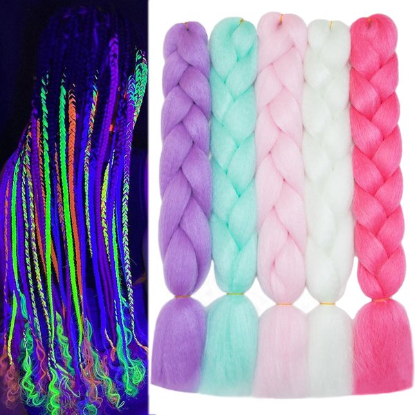 Christmas Colorful Braiding Hair Jumbo Braiding Hair Extensions Glow in the Dark Hair 24inch 5Pcs Synthetic Braiding Hair Rainbow Multicolor Braiding Hair