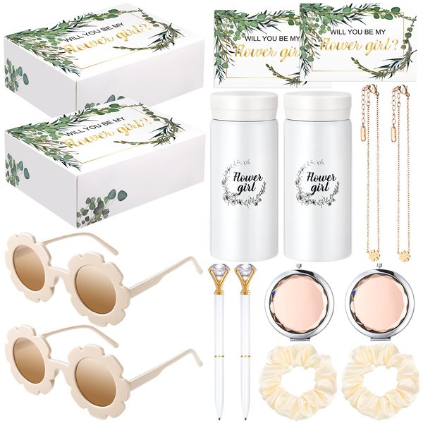 Crtiin 18 Pcs Flower Girl Gifts Flower Girl Proposal Box with Be My Flower Girl Card Necklace Round Flower Glasses Water Bottle Diamond Pen Makeup Mirror Girl Hair Tie Raffia for Wedding Flower Girl