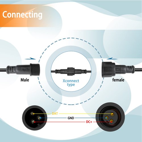 Xconnect Type 3 Core 10 Pair 20in Length Waterproof Led Connectors Black Pigtail Male and Female Waterproof IP65 Connector for LED Strip Lights/Smart Pixel String Lights (Xconnect-50cm-3 pin)