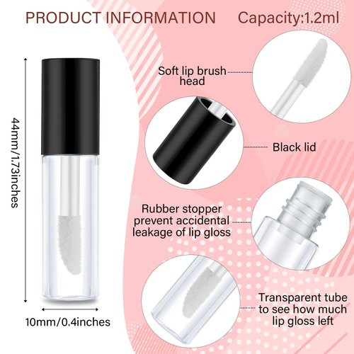 100 Pieces 1.2 ml Clear Mini Lip Gloss Tube Refillable Empty Lip Balm Gloss Containers Bottles Transparent Mini Lipstick Containers for Women DIY Makeup(Black)