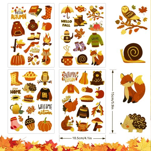 HOWAF 50+ Pcs Fall Temporary Tattoos, 4 Sheets Gold Glitter Hello Fall Face Tattoos Stickers for Autumn Thanksgiving Harvest Decoration, Pumpkins Maple Leaves Waterproof Body Art Stickers