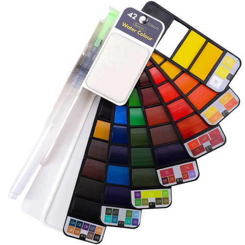 Dyvicl Watercolor Paint Set, 42 Assorted Colors Foldable Paint Set with Brushes, Travel Pocket Watercolor Kit for Students Adults Beginners Artist Field Sketch Outdoor Painting