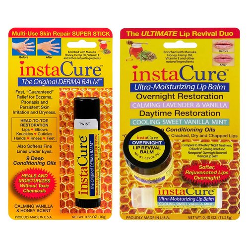 InstaCure The Original Derma Balm 100% Natural Jumbo-Sized Skin Revival Tube with Manuka Honey & InstaCure Ultra-Moisturizing Lip Repair Duo. Calming Lavender & Vanilla Overnight Lip Mask + Cooling Sweet Vanilla Mint Daytime Lip Balm. Derma Balm Relieves 