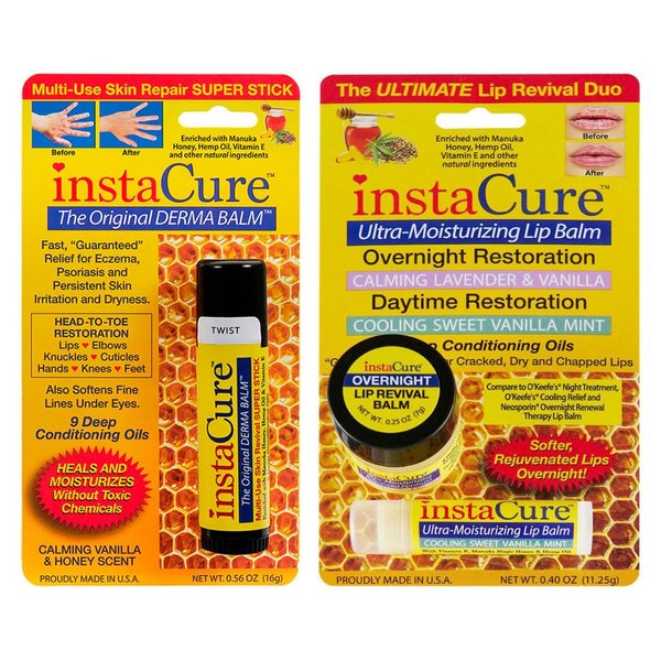 InstaCure The Original Derma Balm 100% Natural Jumbo-Sized Skin Revival Tube with Manuka Honey & InstaCure Ultra-Moisturizing Lip Repair Duo. Calming Lavender & Vanilla Overnight Lip Mask + Cooling Sweet Vanilla Mint Daytime Lip Balm. Derma Balm Relieves 