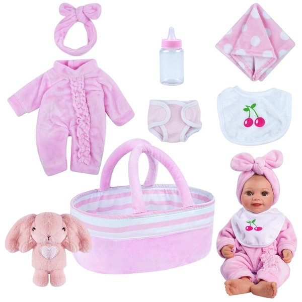 BABESIDE 8 Pcs Baby Doll Clothes with Bassinet for 8-10-12 inch Baby Doll,Baby Doll Clothes Outfit Accessories fit Newborn Baby Doll Girl