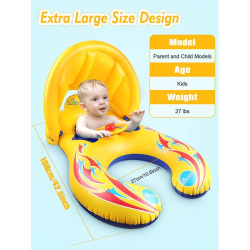 Kalolary Inflatable Baby Swimming Ring, Mommy and Baby Parent-Child Double Person Inflatable Float Seat Swimming Boat with Removable Sun Canopy for Baby and Mom Swim Ring Summer Pool Supplies