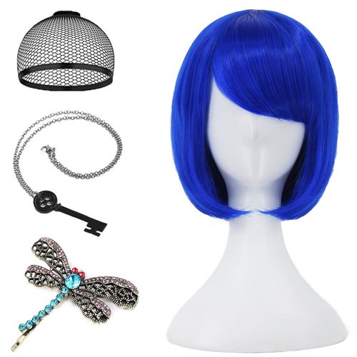 Mersi Blue coraline Wig with 1*Hairpin + 1*Necklace Blue Bob Wigs for Coraline Costume Short Hair Wig with Wig Caps S054BL