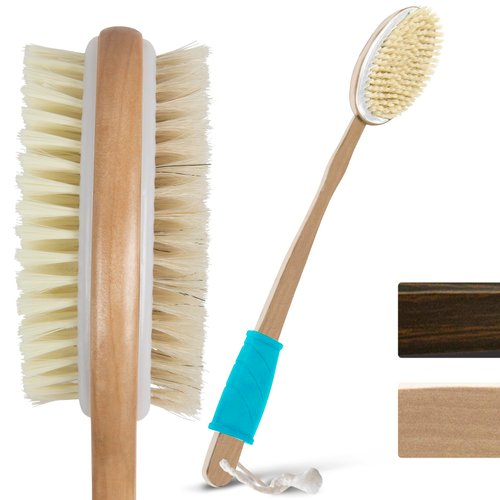 Vive Back Scrubber Brush for Shower - for Dry or Wet Body Brushing - Long Handle - Cleaning Lymphatic Drainage Handled Washer for Men, Women - Showering Bathing Exfoliator with Soft & Stiff Bristles
