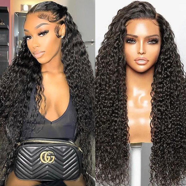 13x4 Deep Wave Lace Front Wigs Human Hair Pre Plucked 180% Density HD Curly Lace Frontal Wig Human Hair Wet and Wavy Wigs for Women with Baby Hair Glueless Wigs Natural Black Color Long Hair 22 Inch