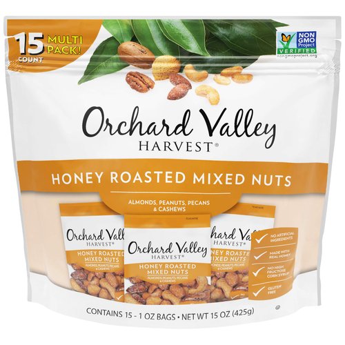 Orchard Valley Harvest Honey Roasted Mixed Nuts, 1 Ounce Bags (Pack of 15), Almonds, Peanuts, Pecans, and Cashews, Gluten Free, Back to School Snacks