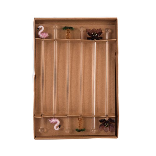 Beachcombers Flamingo Palm Tree Lotus Flower Set Of 6 Reusable Glass Drink Stirs Tropical Cocktail Bar Beach Party Swizzle Sticks Pink
