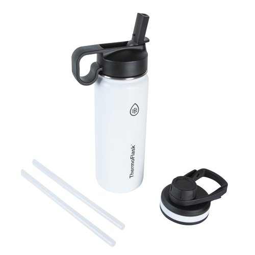 ThermoFlask 18 oz Double Wall Vacuum Insulated Stainless Steel Water Bottle with Two Lids, White