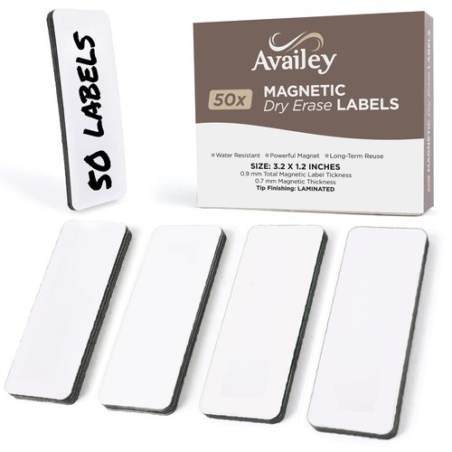 Availey 50 Pieces (3.2 x 1.2") - White Magnetic Dry Erase Labels - Reusable Strips for Classroom Home Office Garage Refrigerator Blank Writable Erasable Cards Name Tags Students Locker Shelf