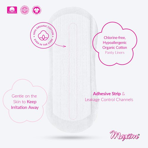 Maxim Organic Cotton Pantiliners Sanitary Pads - 3 Packs, Thong-Lite Style, Biodegradable, Ultra-Comfort, Hypoallergenic, Eco-Friendly, Dual-Use, Secure Fit, 105 Count