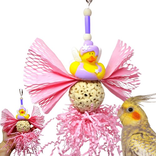 Bonka Bird Toys 1014 Sola Fairy - 8" H x 4" W, Rubber Duck and Sola Ball Toy with Pink Paper Tendrils, Parrot, Conure, Cockatiel, and Similar Size Breeds.