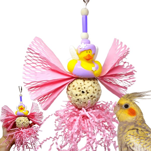 Bonka Bird Toys 1014 Sola Fairy - 8" H x 4" W, Rubber Duck and Sola Ball Toy with Pink Paper Tendrils, Parrot, Conure, Cockatiel, and Similar Size Breeds.