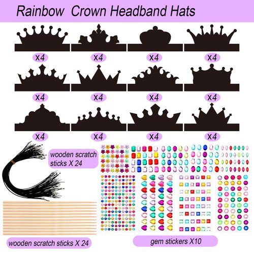 Yinder 130 Pcs Halloween Kids Party Favors DIY Crafts Crowns Set 48 Pcs Scratch Paper Crowns Headband Hats 24 Pcs Wooden Styluses 48 Pcs Elastic Bands 10 Sheet Colorful Gem Jewel Stickers for Girl Boy