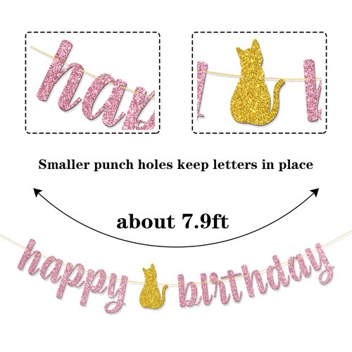 RoadSea Cat Happy Birthday Banner - Kitten Girl Kid Birthday Party Garland Supplies - Moew Let's Pawty Banner - Pet Cat Birthday Party Decorations - Gold Glitter