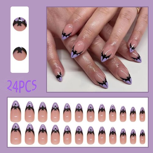 Halloween Fake Nails Almond Press on Nails Medium French Tip Acrylic Nails Purple False Nails Tips with Bat Design Artificial Halloween Stick on Nails Reusable Glue on Nails for Women 24PCS