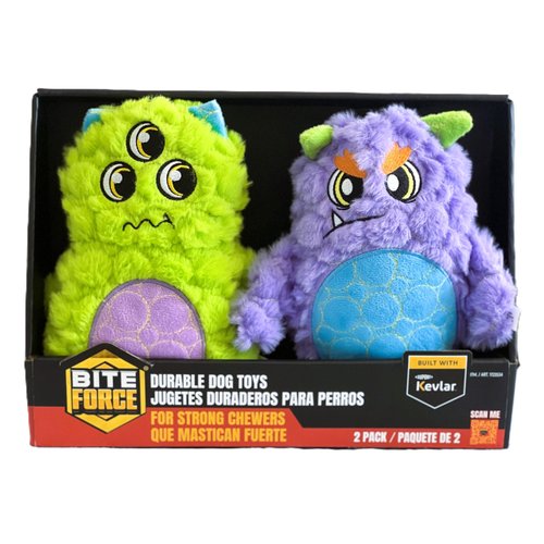 Bite Force Kevlar Tough Plush 2 Pack Monster Dog Toy, Built-in Squeaker