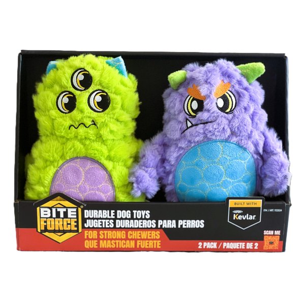 Bite Force Kevlar Tough Plush 2 Pack Monster Dog Toy, Built-in Squeaker