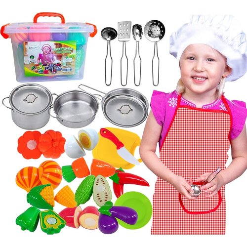 FUNERICA Toddler Kitchen Accessories Playset with Cutting Food Vegetables - Stainless-Steel Play Pots & Utensils - Apron & Chef Hat - Toy Knife & Cutting Board (Apron: Red. Checkerboard Design)