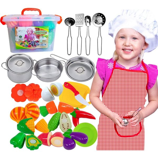 FUNERICA Toddler Kitchen Accessories Playset with Cutting Food Vegetables - Stainless-Steel Play Pots & Utensils - Apron & Chef Hat - Toy Knife & Cutting Board (Apron: Red. Checkerboard Design)