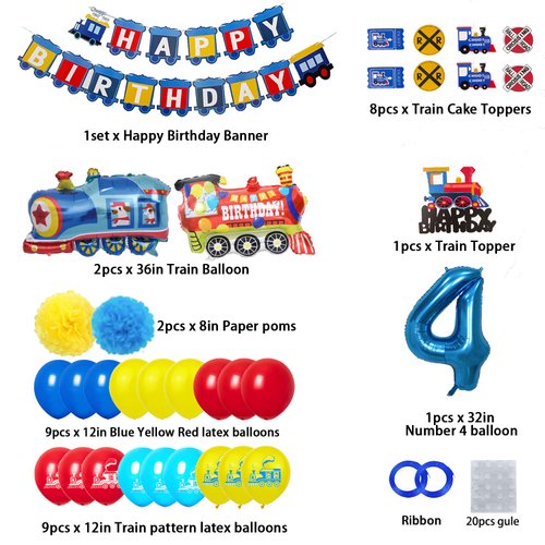 Train 4st Birthday Decorations Boys Train, 4 Years Old Birthday Party Supplies With Number 4 Foil Balloons Train Birthday Banner,Latex Balloons, Cake Topper, For Kids Train Birthday Party Decoration