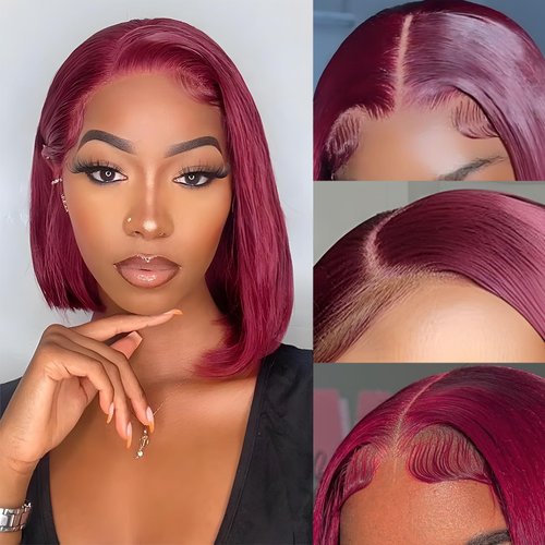 Boyusijf 99J Burgundy Bob Wig Human Hair Red 13X4 HD Transparent Lace Front Wigs Human Hair Pre Plucked 180% Density Colored Short Human Hair Wigs for Black Women Natural Hairline 10inches