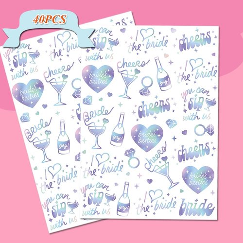 Bachelorette Temporary Tattoos, 40 Iridescent Styles Bachelorette Party Decorations | Fun Bridesmaid Favors for Bride To Be - Bachelorette Party favors accessories (2 sheet 40pcs)