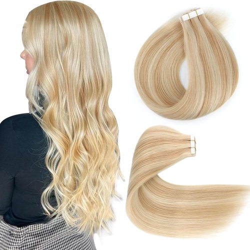 Lovrio 16" 20pcs 50g Tape in Hair Extensions Human Hair Straight Hair Dark Dirty Blonde with Platinum Ash Blonde P12/60 Seamless Skin Weft Invisible Double Sided