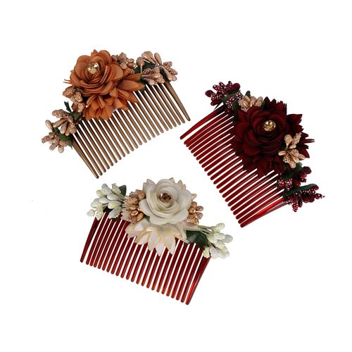 Accessher Multicolor Pack of 3 Acrylic Comb Indo Western Fancy Hair Clip/Side Pin/Comb Pin/Jooda Pin Hair Accessories with Cloth Flower for Women's Hair and Girls